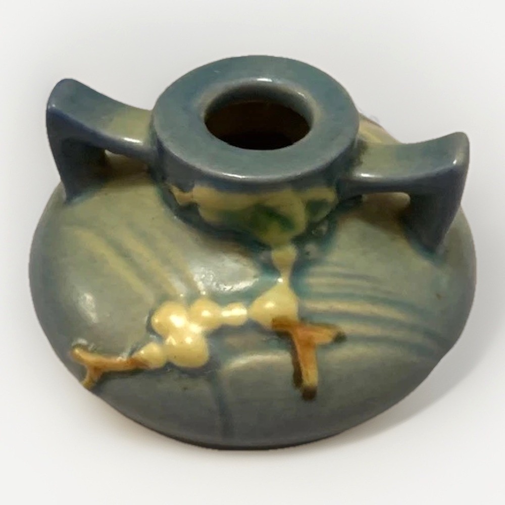 Vintage Roseville Pottery Blue Snowberry Candlestick Holder USA Folk Table Decor